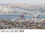 Строительство четвертого автомобильного моста в Красноярске. Вид с правого берега (2015 год). Стоковое фото, фотограф Шичкина Антонина / Фотобанк Лори