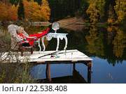 Девушка в красных колготках рыбачит с пирса на озере. Стоковое фото, фотограф Долгих Сергей / Фотобанк Лори