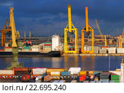 Санкт-Петербург. Морской порт. Дамба Гребёнка. Краны в контейнерном терминале (2016 год). Редакционное фото, фотограф Александр Тарасенков / Фотобанк Лори