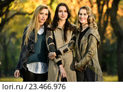Three beautiful young fashion models posing against the backdrop of the autumn park. Стоковое фото, фотограф Anton Oparin / Фотобанк Лори