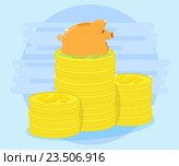 Счастливая свинья копилка лежит на стопке монет. Любовь к деньгам. Удачные инвестиции и денежные потоки приносят прибыль и богатство. Защита сбережений. Плоский стиль. Стоковая иллюстрация, иллюстратор Dmitry Domashenko / Фотобанк Лори