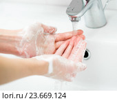 Washing of female hands with soap in bathroom close up. Стоковое фото, фотограф Оксана Кузьмина / Фотобанк Лори