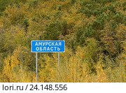 Россия. Указатель «Амурская область» на трассе М56 (А360) в Амурской области (2015 год). Стоковое фото, фотограф Токарева Ирина / Фотобанк Лори