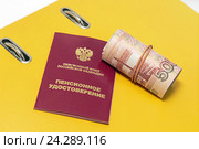 Пенсионное удостоверение и деньги на деловой желтой папке. Стоковое фото, фотограф Наталья Осипова / Фотобанк Лори