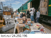 Люди выгружают продукты из товарного вагона (2016 год). Редакционное фото, фотограф Михаил Трибой / Фотобанк Лори