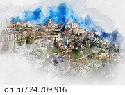 Цифровая акварельная живопись Gordes, село во Франции. Стоковая иллюстрация, иллюстратор Alexander Tihonovs / Фотобанк Лори