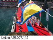 Russian naval orchestra performs on naval review dedicated to Russian Navy Day on July 30, 2006 in Sevastopol. Редакционное фото, фотограф Алексей Забусик / Фотобанк Лори