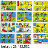 Вкладыши от жевательной резинки Donald. Мультипликационные герои Walt Disney. (Сюжеты с 91 по 102) Редакционная иллюстрация, иллюстратор Oles Kolodyazhnyy / Фотобанк Лори