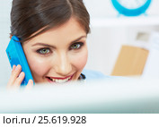 Smiling business woman on phone at office. Close up female portrair in white office. Стоковое фото, фотограф sheftsoff / Фотобанк Лори