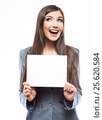 Tooth smile business woman hold banner, white background  portr. Стоковое фото, фотограф sheftsoff / Фотобанк Лори