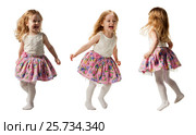 Cute little girl jumping with joy isolated on white background. Стоковое фото, фотограф Владимир Мельников / Фотобанк Лори