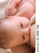 The little child sucks his mother's breast on a bed with white satin covers. Стоковое фото, фотограф Светлана Додух / Фотобанк Лори