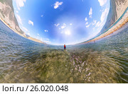 Stereographic wide-angle panorama a man stands in the sea. Стоковое фото, фотограф Zakirov Aleksey / Фотобанк Лори