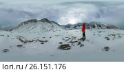 Spherical panorama of a lonely man standing in the mountains. Редакционное фото, фотограф Zakirov Aleksey / Фотобанк Лори