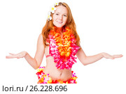 Woman dancing national Hawaiian dance on white background. Стоковое фото, фотограф Константин Лабунский / Фотобанк Лори