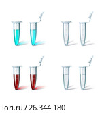Set four opened and closed microtest tubes. Стоковая иллюстрация, иллюстратор Анастасия Некрасова / Фотобанк Лори