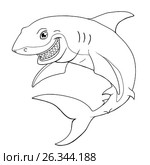 Smiling shark a black contour on white. Стоковая иллюстрация, иллюстратор Анастасия Некрасова / Фотобанк Лори