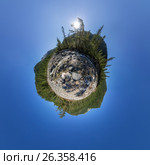 Spherical VR panorama 360180 mountain river flows into the forest between the stones. The Little Planet. Стоковое фото, фотограф Zakirov Aleksey / Фотобанк Лори