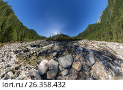 Wide Aero panorama mountain river flows into the forest between the stones. Редакционное фото, фотограф Zakirov Aleksey / Фотобанк Лори