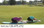Sporty women performing yoga exercises outdoors. Стоковое видео, видеограф Швец Анастасия / Фотобанк Лори
