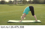 Attractive adult woman practicing yoga in park. Стоковое видео, видеограф Швец Анастасия / Фотобанк Лори