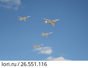 Сверхзвуковые стратегические бомбардировщики дальней авиации Ту-160 («Белый лебедь»).Репетиция парада в честь 72-летия Победы, 2017 год. Москва. Редакционное фото, фотограф Free Wind / Фотобанк Лори