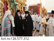 Великое освящение храма Спаса Нерукотворного в селе Уборы,  архимандрит Нестор (Жиляев) произносит речь (2017 год). Редакционное фото, фотограф Дмитрий Неумоин / Фотобанк Лори