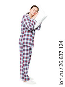 Tired woman asleep standing, portrait in full length on a white background. Стоковое фото, фотограф Константин Лабунский / Фотобанк Лори