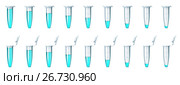 Set test tube different amount of blue liquid on transparent. Набор исследовательских микропробирок с разным количеством голубой жидкости на белом фоне. Стоковая иллюстрация, иллюстратор Анастасия Некрасова / Фотобанк Лори