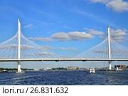 Катер плывёт по Неве под вантовым мостом Западного Скоростного Диаметра летом в Санкт-Петербурге (2017 год). Стоковое фото, фотограф Максим Мицун / Фотобанк Лори