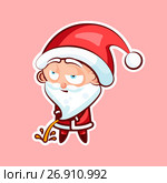 Sticker emoji emoticon, emotion pee with laid-back view vector isolated illustration character sweet cute Santa Claus, Father Frost on pink background for Happy New Year and Merry Christmas. Стоковая иллюстрация, иллюстратор Maryna Bolsunova / Фотобанк Лори