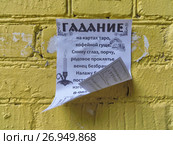 Объявление на кирпичной стене "Гадание на картах таро" Редакционное фото, фотограф Илюхина Наталья / Фотобанк Лори
