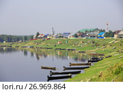 Село Няксимволь, Березовский р-н, Ханты-Мансийский автономный округ - Югра. Вид с берега Северной Сосьвы (2017 год). Стоковое фото, фотограф Круглов Олег / Фотобанк Лори