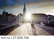 city center of Zurich with famous Fraumunster Church, Switzerland (2017 год). Стоковое фото, фотограф Iakov Kalinin / Фотобанк Лори