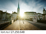 city center of Zurich with famous Fraumunster Church, Switzerland (2017 год). Стоковое фото, фотограф Iakov Kalinin / Фотобанк Лори