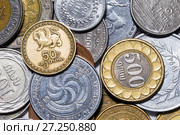 Stacks of Georgian, Armenian and Thailand coins on a white background. Стоковое фото, фотограф Евгений Ткачёв / Фотобанк Лори