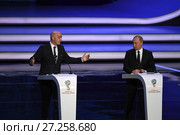 Финальная жеребьевка ЧМ по футболу ФИФА 2018 в России. Final Draw for the 2018 FIFA World Cup Russia. Президент ФИФА Джа́нни Инфанти́но ( Gianni Infantino) и президент РФ Владимир Путин. (2017 год). Редакционное фото, фотограф Александр С. Курбатов / Фотобанк Лори