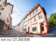 Basel streets with tram tracks, shops and houses (2017 год). Стоковое фото, фотограф Сергей Новиков / Фотобанк Лори