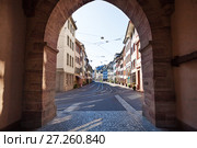 Tranquil street of Basel old city with tram line (2017 год). Стоковое фото, фотограф Сергей Новиков / Фотобанк Лори