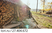 Wooden barn in the village in the sun. The wall of the barn is filled with piles of chopped firewood. Autumn time. Shooting in motion with electronic stabilization. Стоковое видео, видеограф Mikhail Davidovich / Фотобанк Лори
