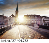 city center of Zurich with famous Fraumunster Church, Switzerland. Стоковое фото, фотограф Iakov Kalinin / Фотобанк Лори