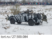 Тяжелый бронированный штабной автомобиль Sd.Kfz.247 на поле боя. Фрагмент военно-исторического фестиваля "Январский гром". Санкт-Петербург (2018 год). Редакционное фото, фотограф Виктор Карасев / Фотобанк Лори