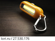 Tourist flashlight key chain with carabiners on a wooden background. Стоковое фото, фотограф Alexander / Фотобанк Лори