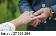 Groom wears the ring bride. Стоковое видео, видеограф Roman Larchikov / Фотобанк Лори