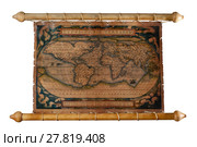 Replica of an ancient world map on a parchment scroll isolated (2017 год). Редакционное фото, фотограф Евгений Харитонов / Фотобанк Лори