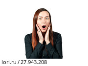 Girl on a white background depicts an extreme degree of surprise, astonishment or delight. Стоковое фото, фотограф Евгений Харитонов / Фотобанк Лори