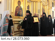 Великий понедельник в Николо-Берлюковской пустыни. Настоятель обители игумен Евмений (Лагутин) произносит речь (2017 год). Редакционное фото, фотограф Дмитрий Неумоин / Фотобанк Лори