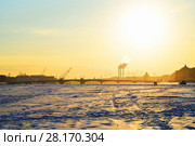 View of the Annunciation bridge from the ice of the Neva river at sunset. Стоковое фото, фотограф Максим Мицун / Фотобанк Лори