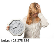 Расстроенная девушка схватилась за голову: опоздала. Слишком много времени. Стоковое фото, фотограф Давид Мзареулян / Фотобанк Лори
