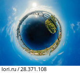 Sphere Planet. Bridge and houses in Riga city, Latvia 360 VR Drone picture for Virtual reality, Panorama. Стоковое фото, фотограф Aleksejs Bergmanis / Фотобанк Лори